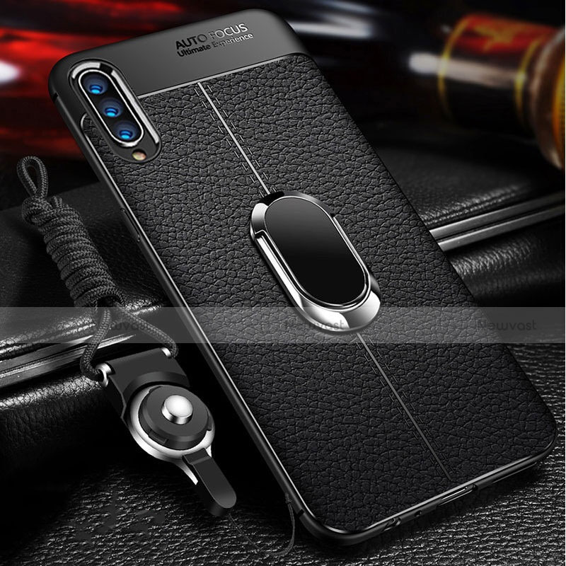 Soft Silicone Gel Leather Snap On Case Cover with Magnetic Finger Ring Stand for Samsung Galaxy A70 Black