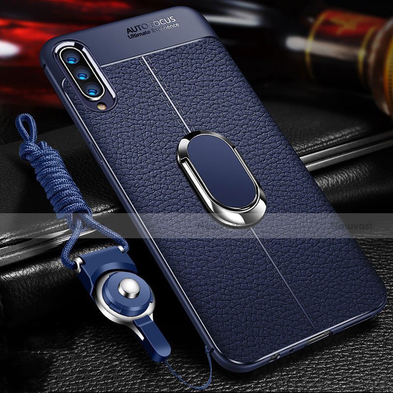 Soft Silicone Gel Leather Snap On Case Cover with Magnetic Finger Ring Stand for Samsung Galaxy A70 Blue