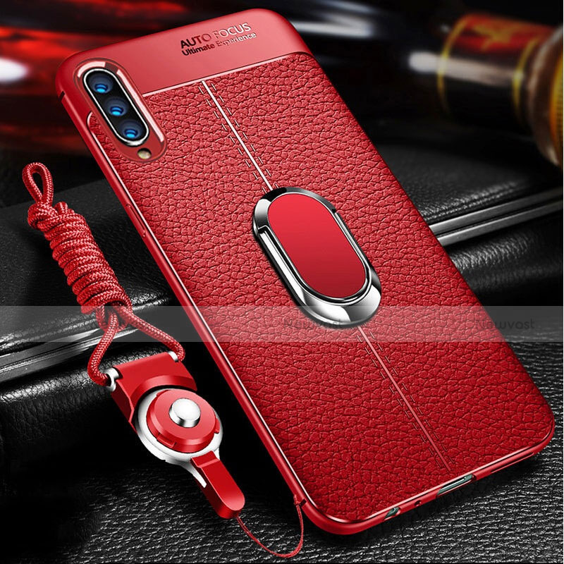 Soft Silicone Gel Leather Snap On Case Cover with Magnetic Finger Ring Stand for Samsung Galaxy A70 Red