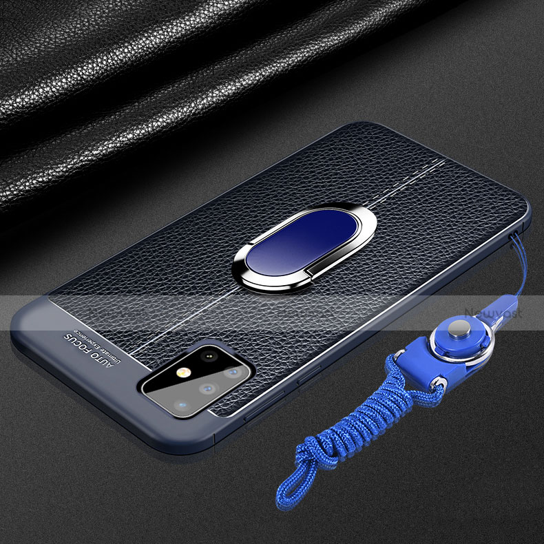 Soft Silicone Gel Leather Snap On Case Cover with Magnetic Finger Ring Stand for Samsung Galaxy A71 5G Blue