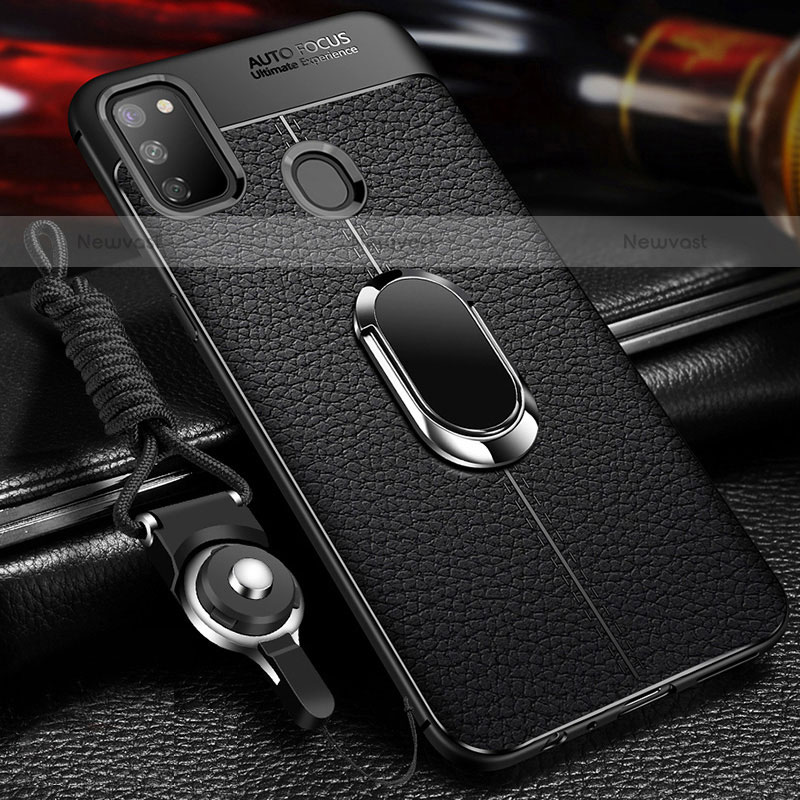 Soft Silicone Gel Leather Snap On Case Cover with Magnetic Finger Ring Stand for Samsung Galaxy M21 Black