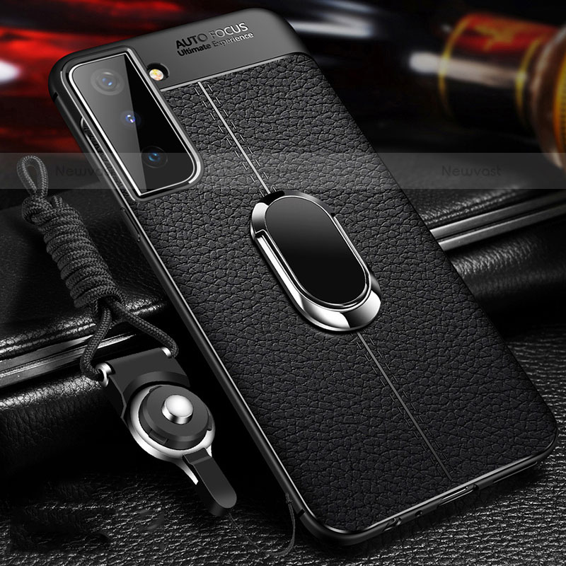 Soft Silicone Gel Leather Snap On Case Cover with Magnetic Finger Ring Stand for Samsung Galaxy S21 FE 5G Black