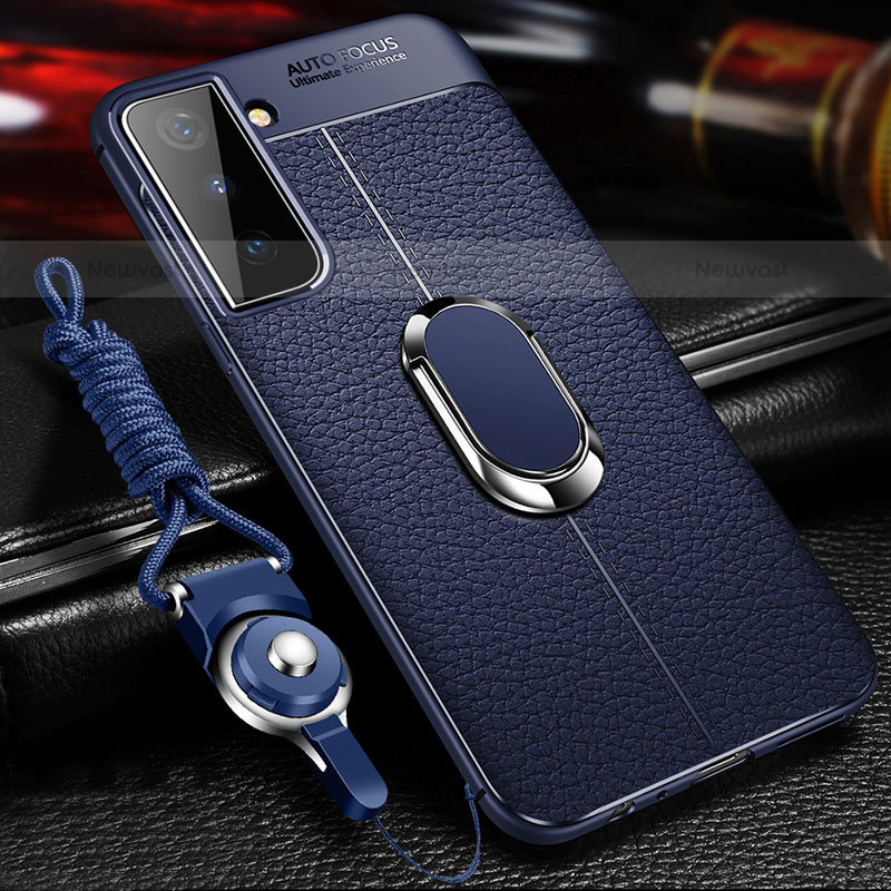 Soft Silicone Gel Leather Snap On Case Cover with Magnetic Finger Ring Stand for Samsung Galaxy S21 Plus 5G