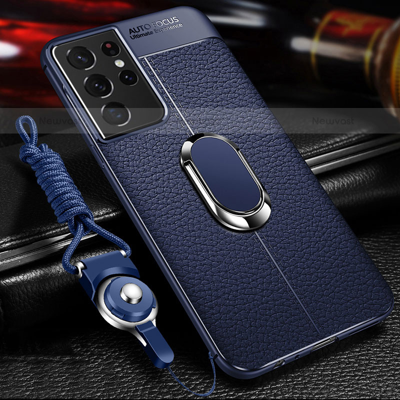 Soft Silicone Gel Leather Snap On Case Cover with Magnetic Finger Ring Stand for Samsung Galaxy S21 Ultra 5G