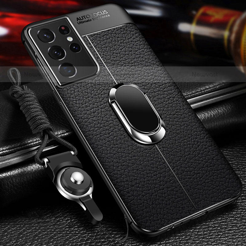 Soft Silicone Gel Leather Snap On Case Cover with Magnetic Finger Ring Stand for Samsung Galaxy S21 Ultra 5G