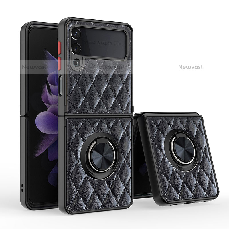 Soft Silicone Gel Leather Snap On Case Cover with Magnetic Finger Ring Stand for Samsung Galaxy Z Flip3 5G