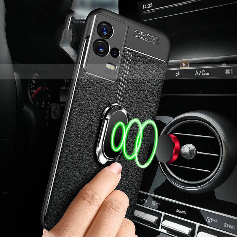 Soft Silicone Gel Leather Snap On Case Cover with Magnetic Finger Ring Stand for Vivo iQOO 8 5G