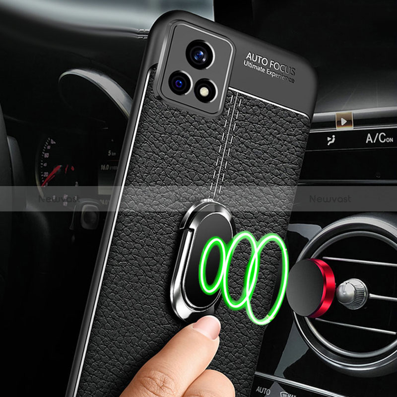 Soft Silicone Gel Leather Snap On Case Cover with Magnetic Finger Ring Stand for Vivo iQOO U3x 5G