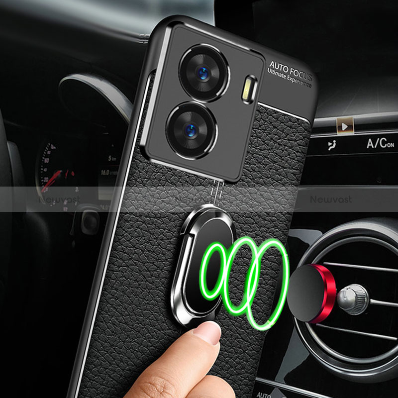 Soft Silicone Gel Leather Snap On Case Cover with Magnetic Finger Ring Stand for Vivo iQOO Z7 5G