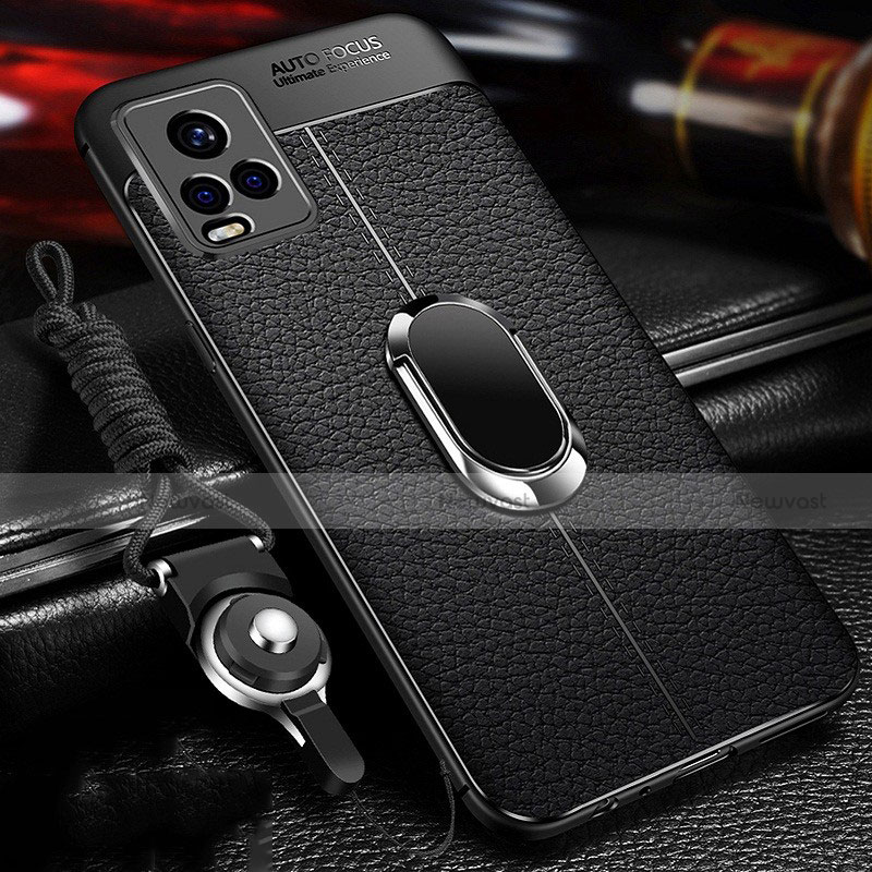 Soft Silicone Gel Leather Snap On Case Cover with Magnetic Finger Ring Stand for Vivo V20 Pro 5G Black