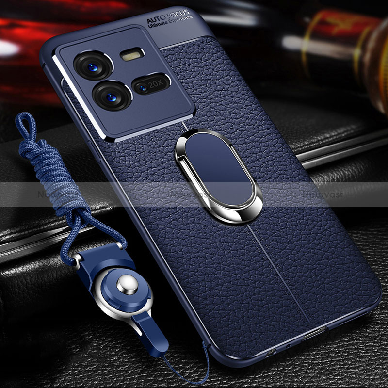 Soft Silicone Gel Leather Snap On Case Cover with Magnetic Finger Ring Stand for Vivo V25 5G