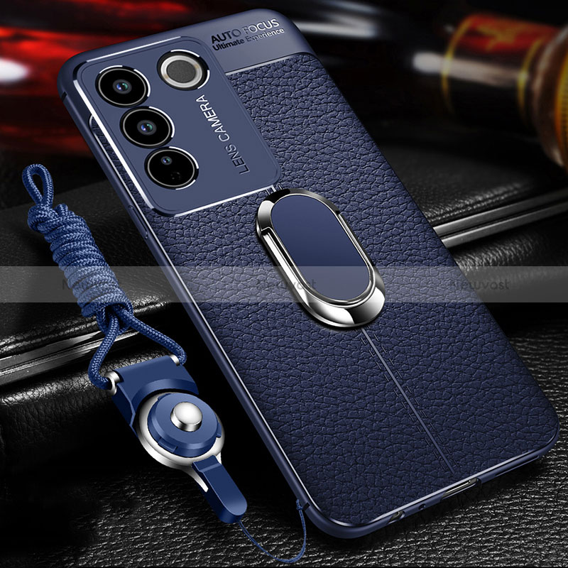 Soft Silicone Gel Leather Snap On Case Cover with Magnetic Finger Ring Stand for Vivo V27 5G