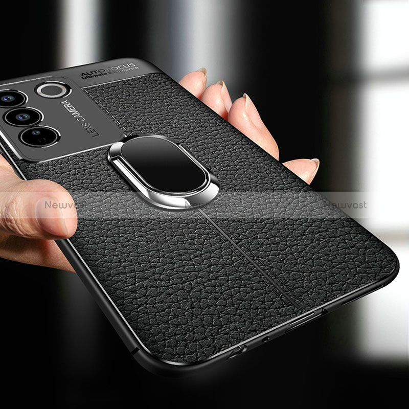 Soft Silicone Gel Leather Snap On Case Cover with Magnetic Finger Ring Stand for Vivo V27 5G