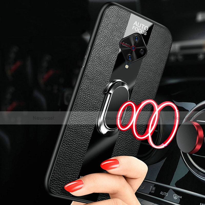 Soft Silicone Gel Leather Snap On Case Cover with Magnetic Finger Ring Stand for Vivo X50 Lite