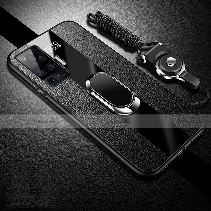 Soft Silicone Gel Leather Snap On Case Cover with Magnetic Finger Ring Stand for Vivo X51 5G Black