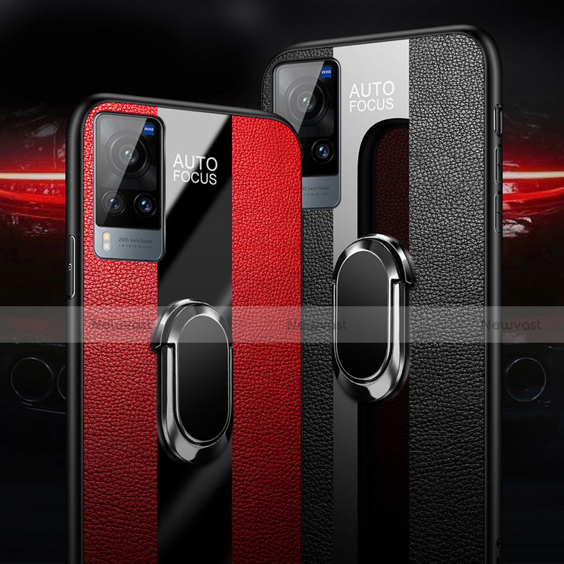 Soft Silicone Gel Leather Snap On Case Cover with Magnetic Finger Ring Stand for Vivo X60 5G