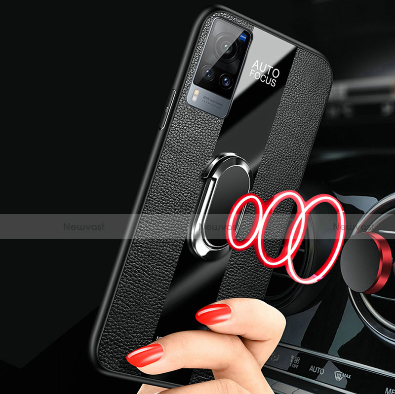 Soft Silicone Gel Leather Snap On Case Cover with Magnetic Finger Ring Stand for Vivo X60 5G