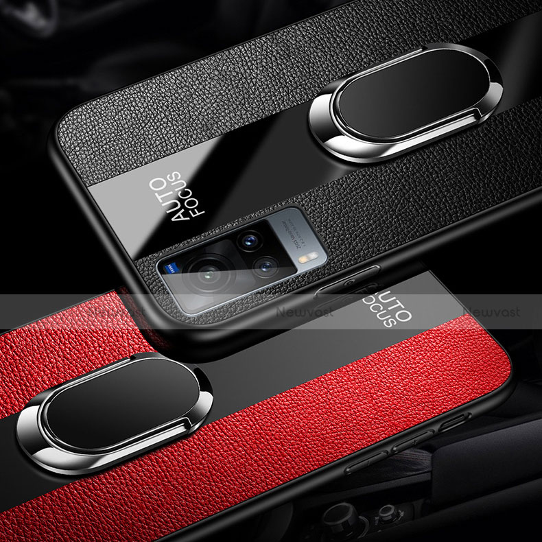 Soft Silicone Gel Leather Snap On Case Cover with Magnetic Finger Ring Stand for Vivo X60T 5G