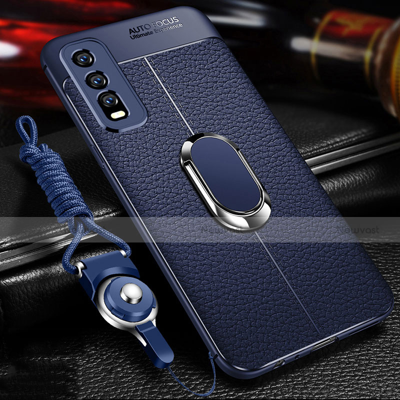 Soft Silicone Gel Leather Snap On Case Cover with Magnetic Finger Ring Stand for Vivo Y12s Blue