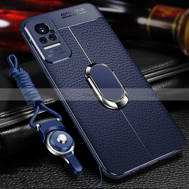 Soft Silicone Gel Leather Snap On Case Cover with Magnetic Finger Ring Stand for Xiaomi Civi 5G Blue