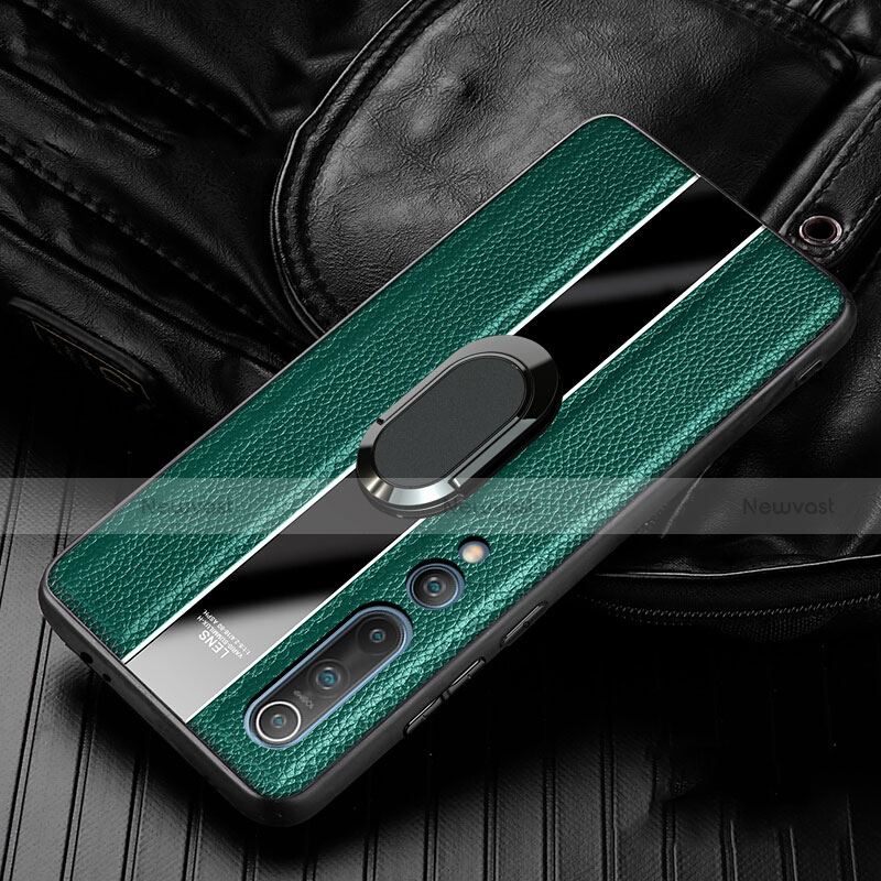 Soft Silicone Gel Leather Snap On Case Cover with Magnetic Finger Ring Stand for Xiaomi Mi 10 Green