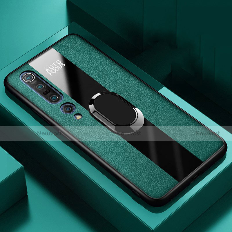Soft Silicone Gel Leather Snap On Case Cover with Magnetic Finger Ring Stand for Xiaomi Mi 10 Pro Green