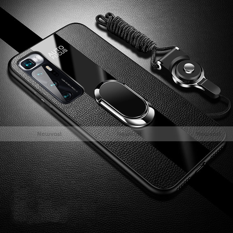 Soft Silicone Gel Leather Snap On Case Cover with Magnetic Finger Ring Stand for Xiaomi Mi 10 Ultra Black