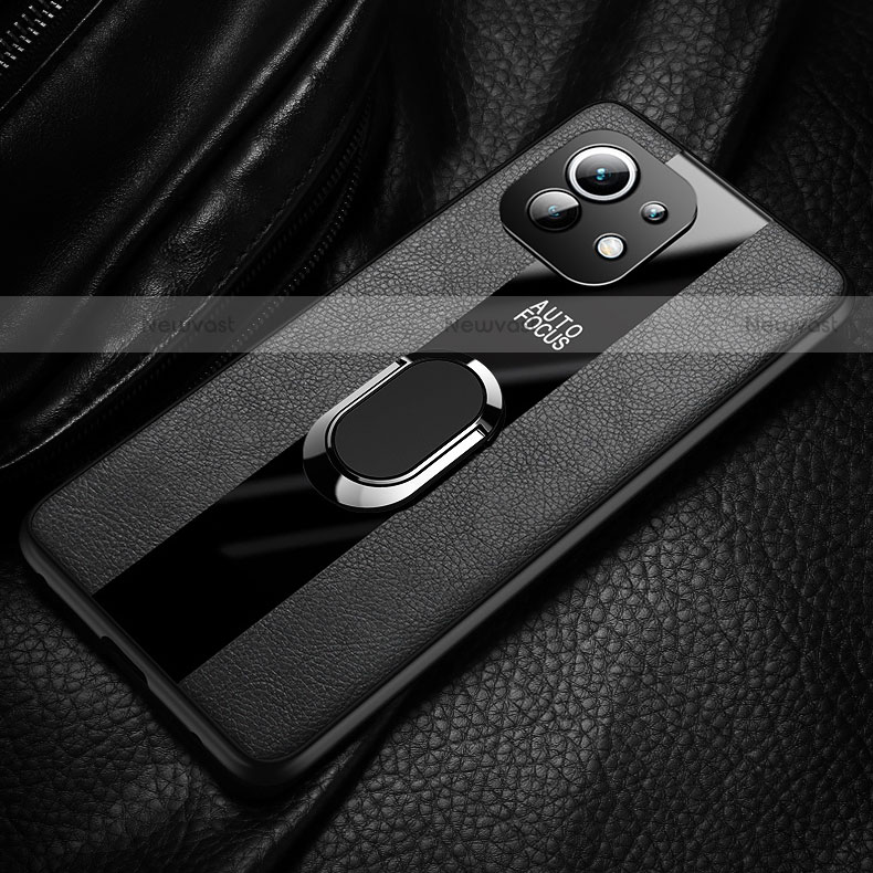 Soft Silicone Gel Leather Snap On Case Cover with Magnetic Finger Ring Stand for Xiaomi Mi 11 5G