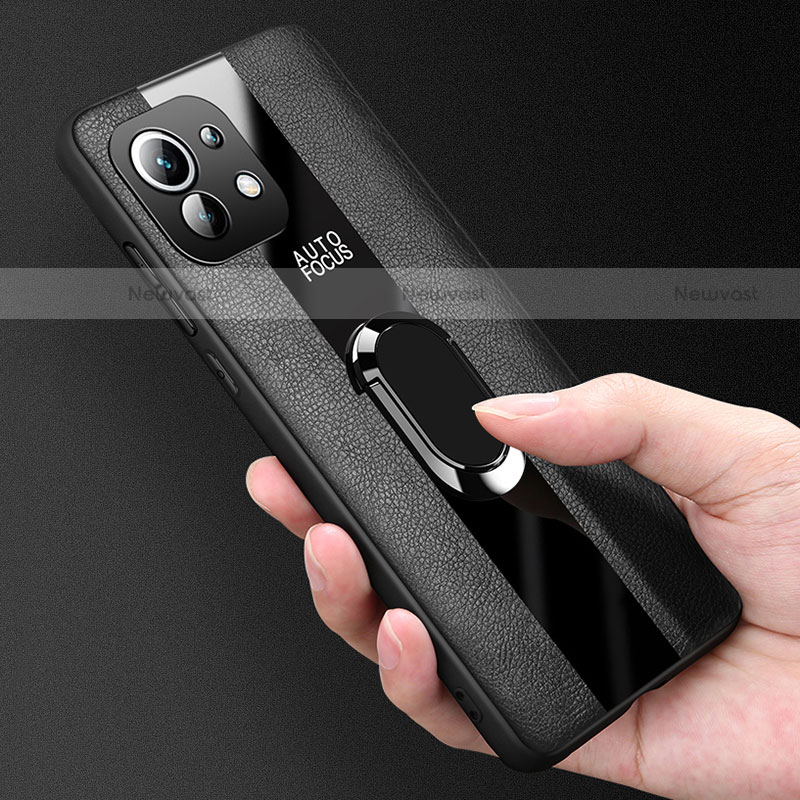 Soft Silicone Gel Leather Snap On Case Cover with Magnetic Finger Ring Stand for Xiaomi Mi 11 Lite 4G