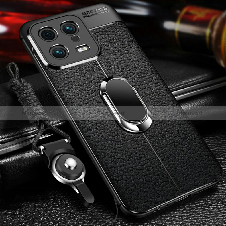 Soft Silicone Gel Leather Snap On Case Cover with Magnetic Finger Ring Stand for Xiaomi Mi 13 5G