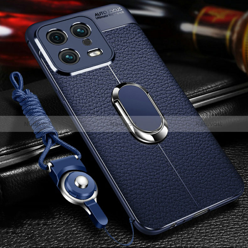 Soft Silicone Gel Leather Snap On Case Cover with Magnetic Finger Ring Stand for Xiaomi Mi 13 5G Blue