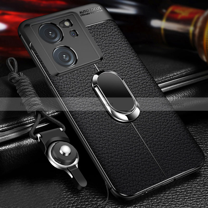 Soft Silicone Gel Leather Snap On Case Cover with Magnetic Finger Ring Stand for Xiaomi Mi 13T 5G Black