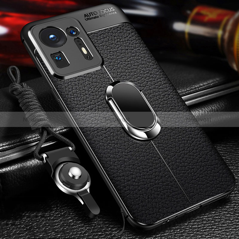 Soft Silicone Gel Leather Snap On Case Cover with Magnetic Finger Ring Stand for Xiaomi Mi Mix 4 5G Black