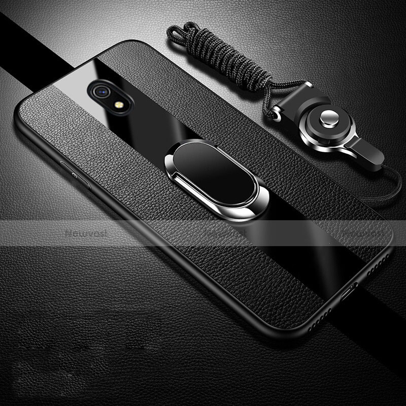 Soft Silicone Gel Leather Snap On Case Cover with Magnetic Finger Ring Stand for Xiaomi Redmi 8A Black
