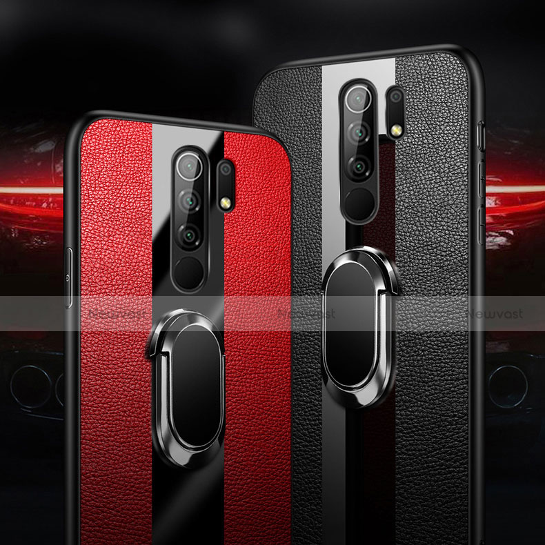 Soft Silicone Gel Leather Snap On Case Cover with Magnetic Finger Ring Stand for Xiaomi Redmi 9