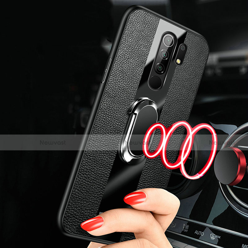 Soft Silicone Gel Leather Snap On Case Cover with Magnetic Finger Ring Stand for Xiaomi Redmi 9 Prime India