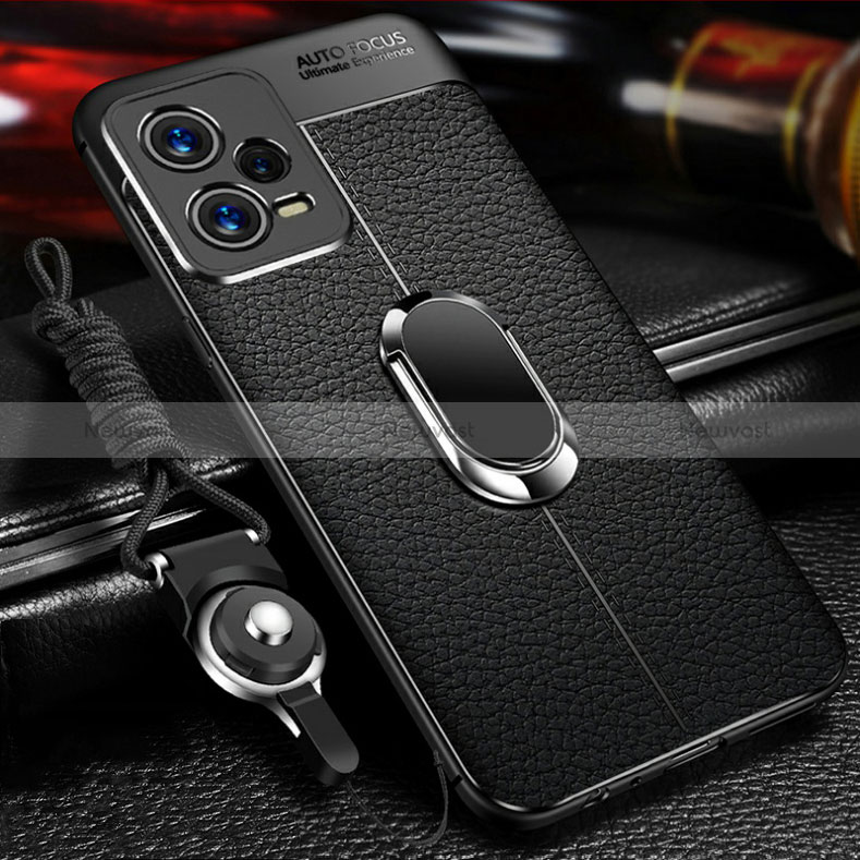 Soft Silicone Gel Leather Snap On Case Cover with Magnetic Finger Ring Stand for Xiaomi Redmi Note 12 Pro 5G Black