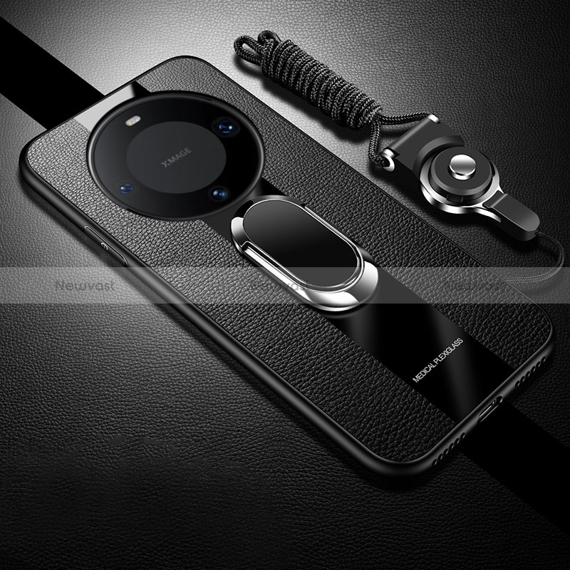 Soft Silicone Gel Leather Snap On Case Cover with Magnetic Finger Ring Stand PB1 for Huawei Mate 60 Pro