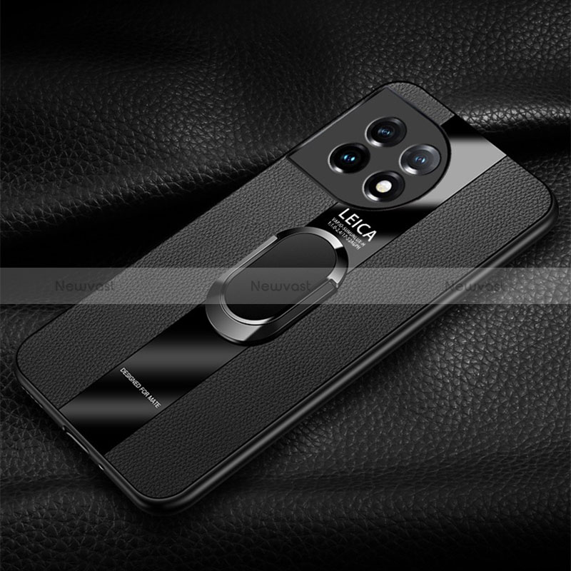 Soft Silicone Gel Leather Snap On Case Cover with Magnetic Finger Ring Stand PB1 for OnePlus 11R 5G