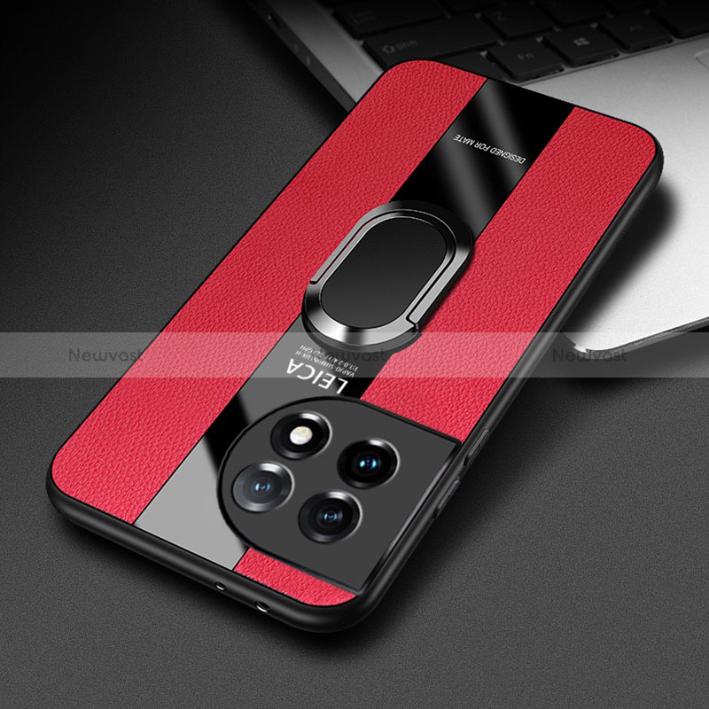 Soft Silicone Gel Leather Snap On Case Cover with Magnetic Finger Ring Stand PB1 for OnePlus 11R 5G Red