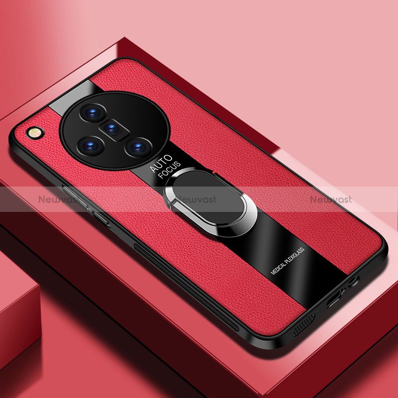 Soft Silicone Gel Leather Snap On Case Cover with Magnetic Finger Ring Stand PB1 for Oppo Find X7 Ultra 5G Red