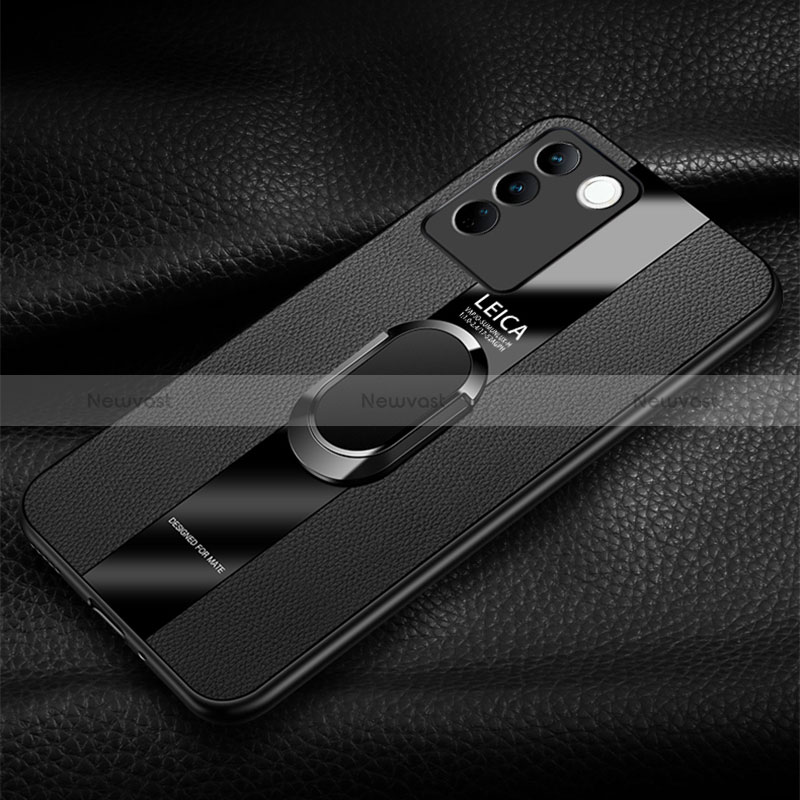 Soft Silicone Gel Leather Snap On Case Cover with Magnetic Finger Ring Stand PB1 for Vivo V27 5G