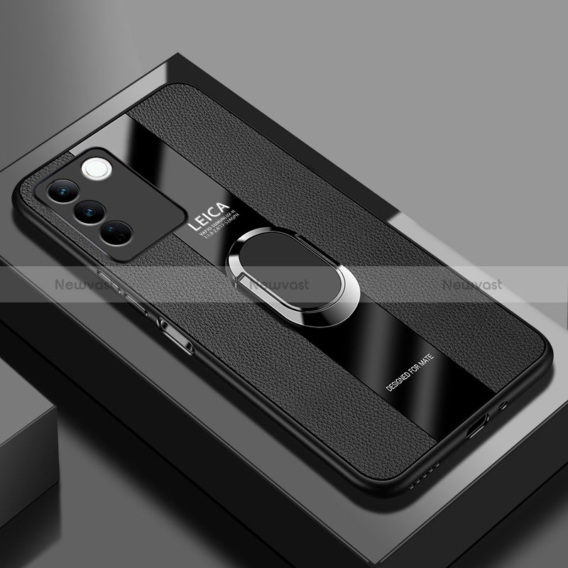 Soft Silicone Gel Leather Snap On Case Cover with Magnetic Finger Ring Stand PB1 for Vivo V27 Pro 5G Black