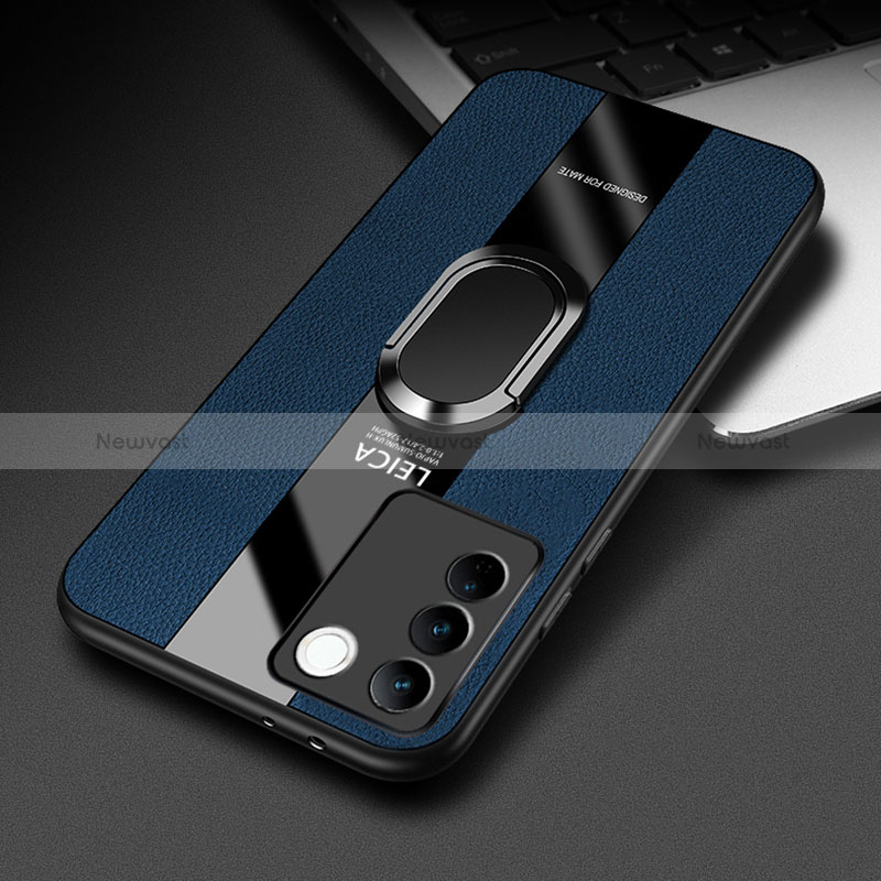 Soft Silicone Gel Leather Snap On Case Cover with Magnetic Finger Ring Stand PB2 for Vivo V27 5G