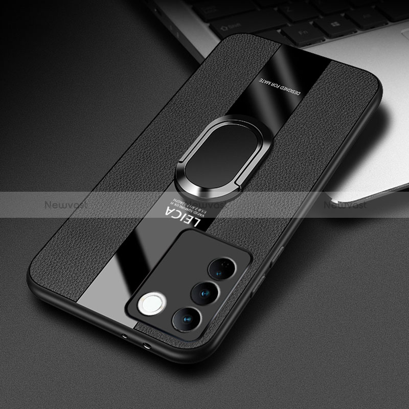 Soft Silicone Gel Leather Snap On Case Cover with Magnetic Finger Ring Stand PB2 for Vivo V27 5G Black
