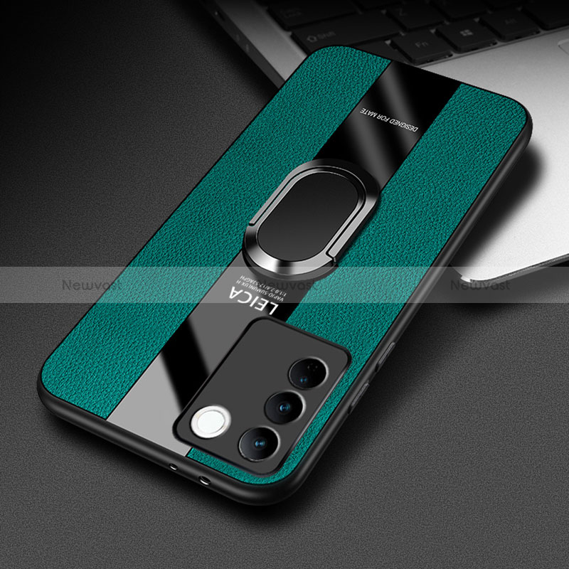 Soft Silicone Gel Leather Snap On Case Cover with Magnetic Finger Ring Stand PB2 for Vivo V27 5G Green