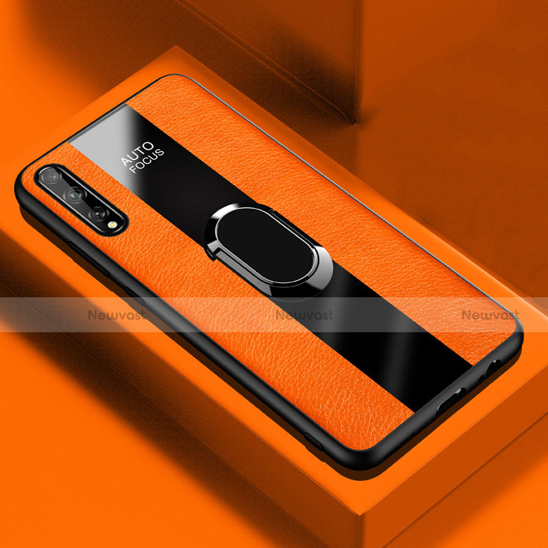 Soft Silicone Gel Leather Snap On Case Cover with Magnetic Finger Ring Stand S01 for Huawei Enjoy 10S Orange