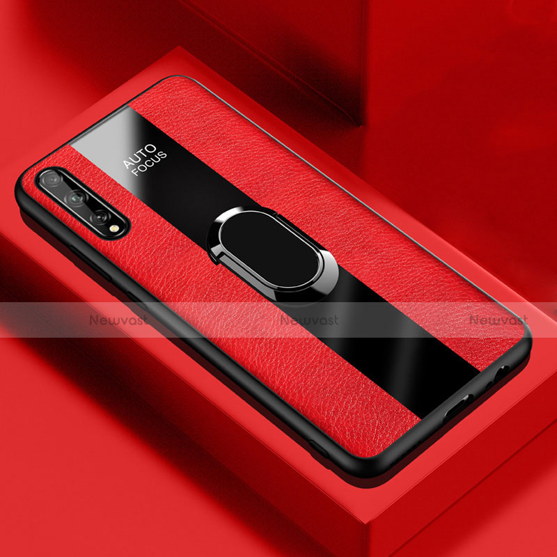 Soft Silicone Gel Leather Snap On Case Cover with Magnetic Finger Ring Stand S01 for Huawei Enjoy 10S Red