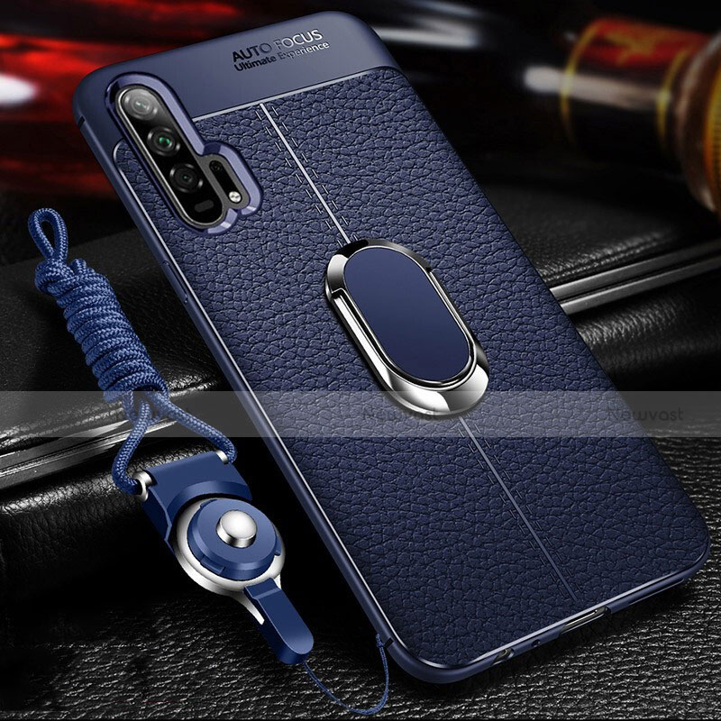 Soft Silicone Gel Leather Snap On Case Cover with Magnetic Finger Ring Stand S01 for Huawei Honor 20 Pro Blue