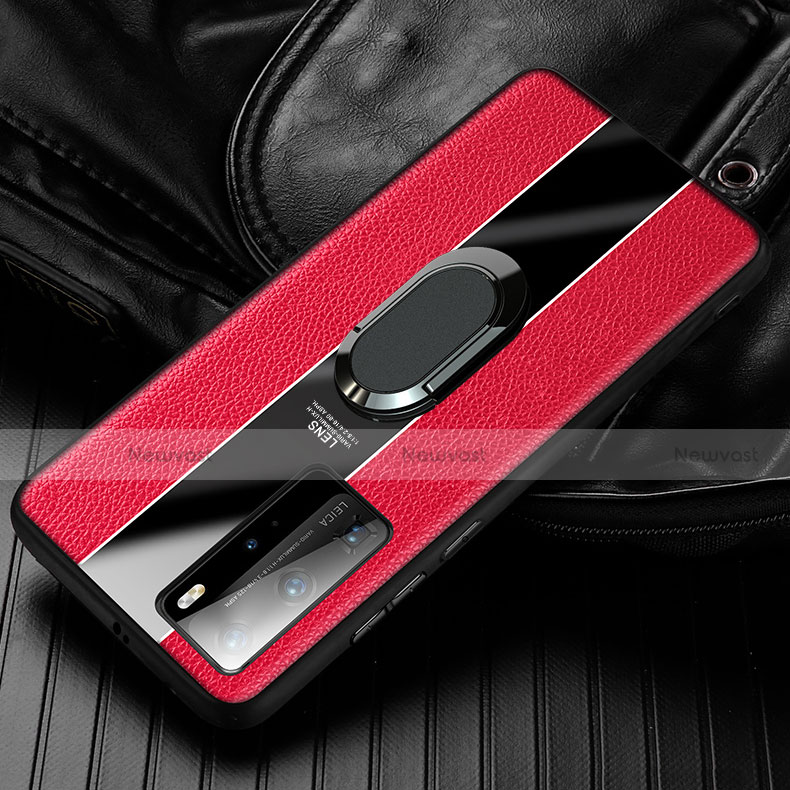 Soft Silicone Gel Leather Snap On Case Cover with Magnetic Finger Ring Stand S01 for Huawei Honor 30 Red